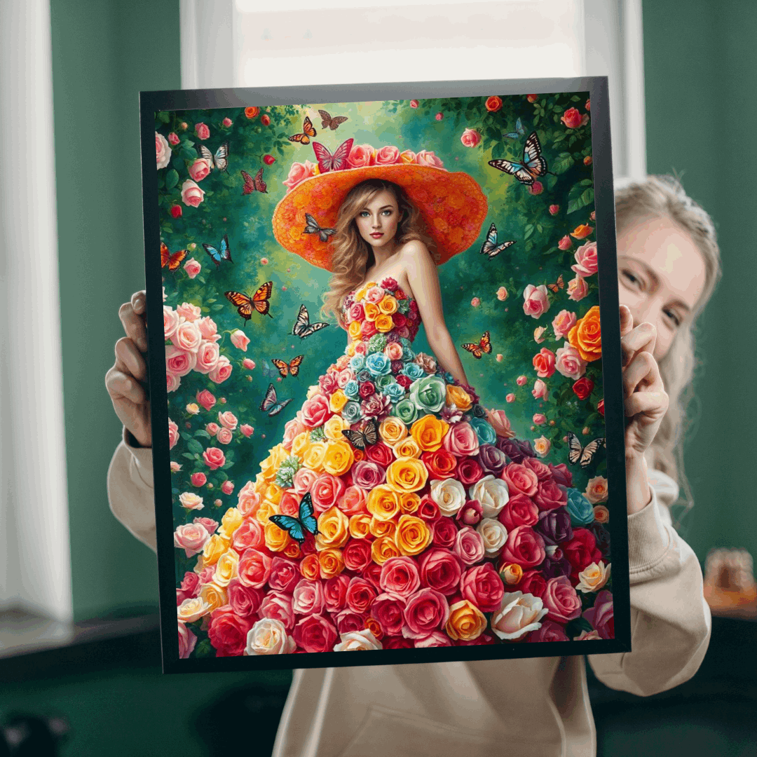 Lady of the Rainbow Rose Garden - Vibrant Floral Butterfly Fantasy Jigsaw Puzzle