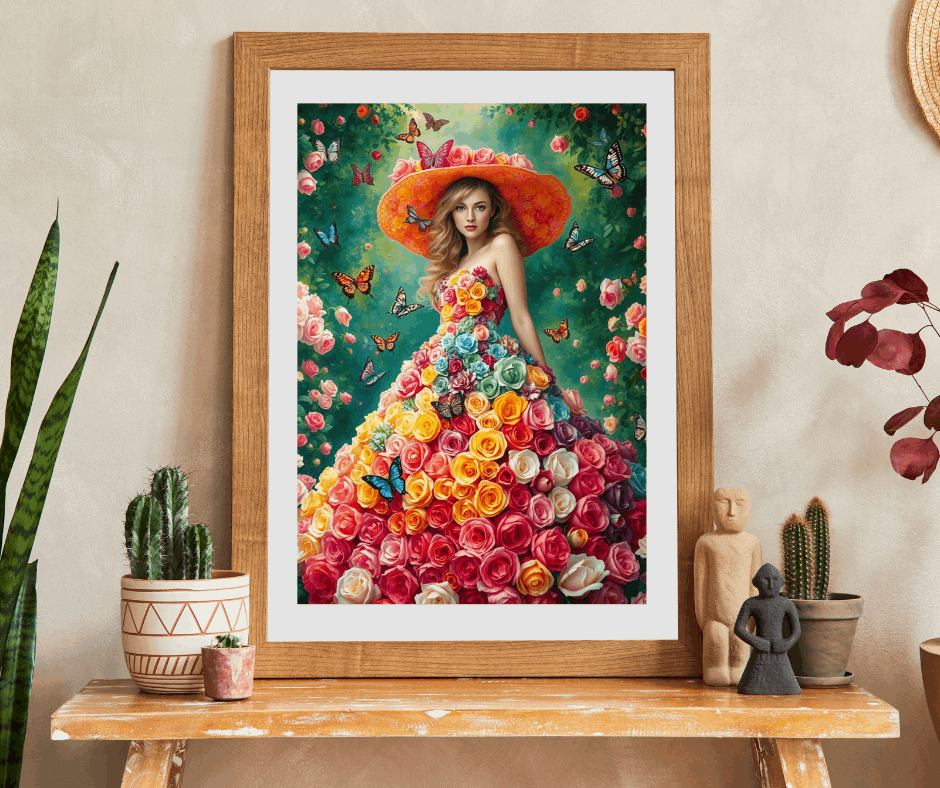 Lady of the Rainbow Rose Garden - Vibrant Floral Butterfly Fantasy Jigsaw Puzzle