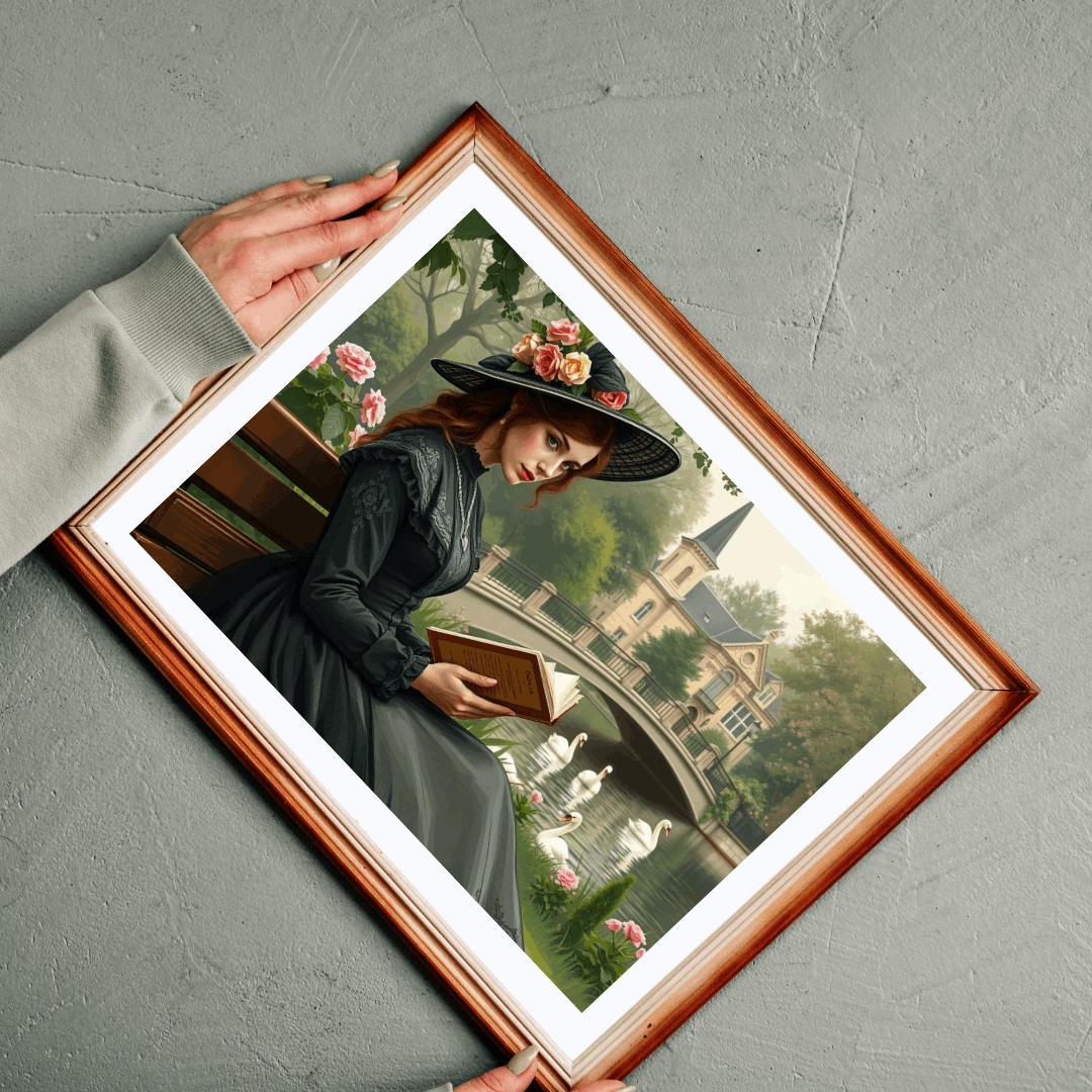 Tranquil Victorian Moment Jigsaw Puzzle - Woman Reading by a Swan-Filled Pond, Elegant 19th Century Scene Puzzle The Puzzle Chest