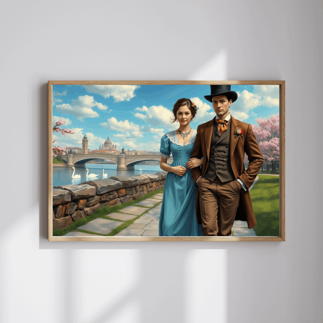 Romantic Stroll by the River - 19th Century Victorian Couple Jigsaw Puzzle with Blossoms, Bridge, and Swans Puzzle The Puzzle Chest