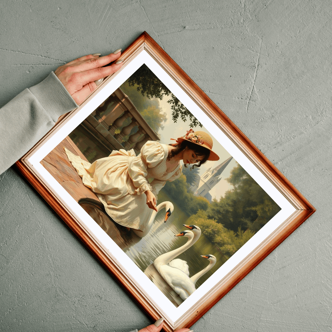 Victorian Lady Feeding Swans by the Pond - Elegant 19th Century Jigsaw Puzzle Scene Puzzle The Puzzle Chest