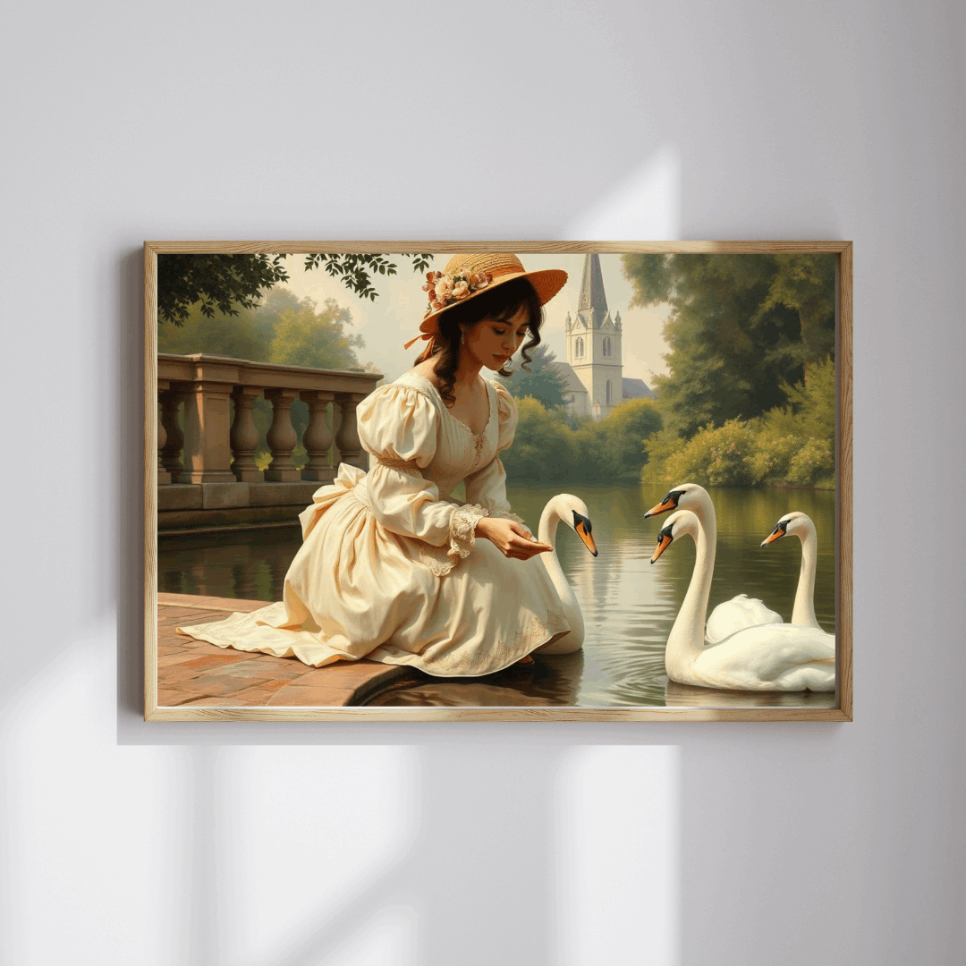 Victorian Lady Feeding Swans by the Pond - Elegant 19th Century Jigsaw Puzzle Scene Puzzle The Puzzle Chest