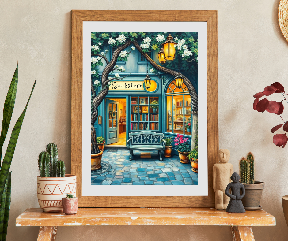 Artistic Bookstore Jigsaw Puzzle – Teal Facade and Garden Bench, Game for Book Lovers Puzzle The Puzzle Chest