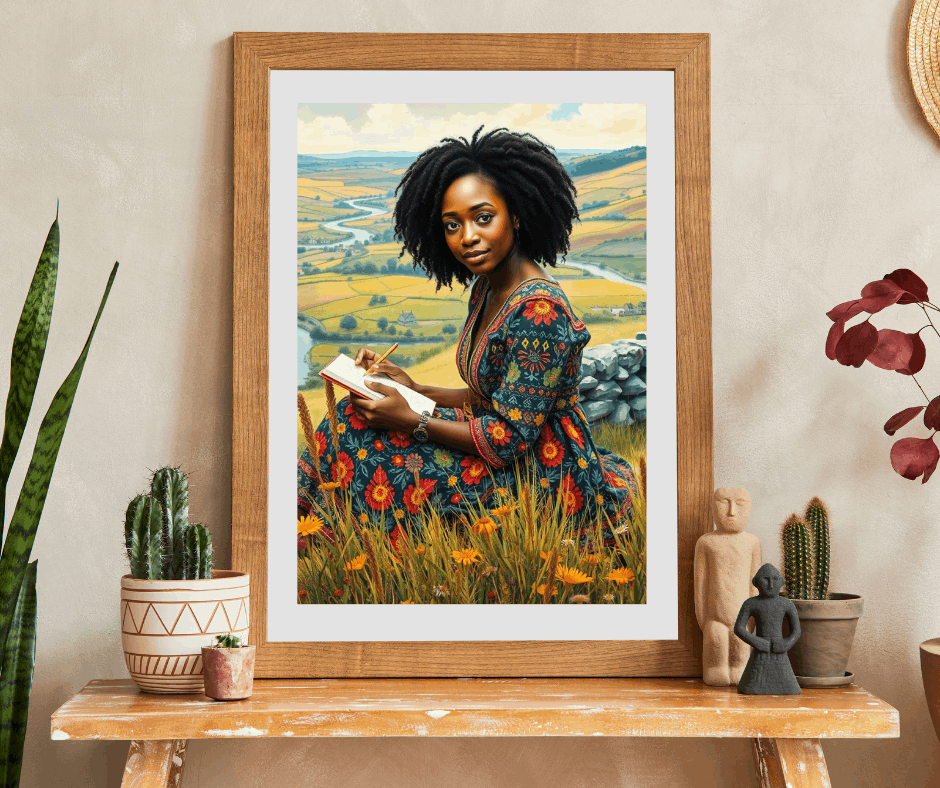 The Sketcher Jigsaw Puzzle - Black Woman Drawing on Hillside, Afrocentric Puzzle Art, African American Artwork Puzzle The Puzzle Chest