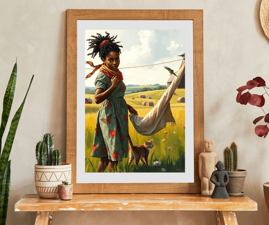 The Laundress Jigsaw Puzzle – Black Woman Hanging Laundry with Cat, Afrocentric Art, African American Artwork Puzzle The Puzzle Chest