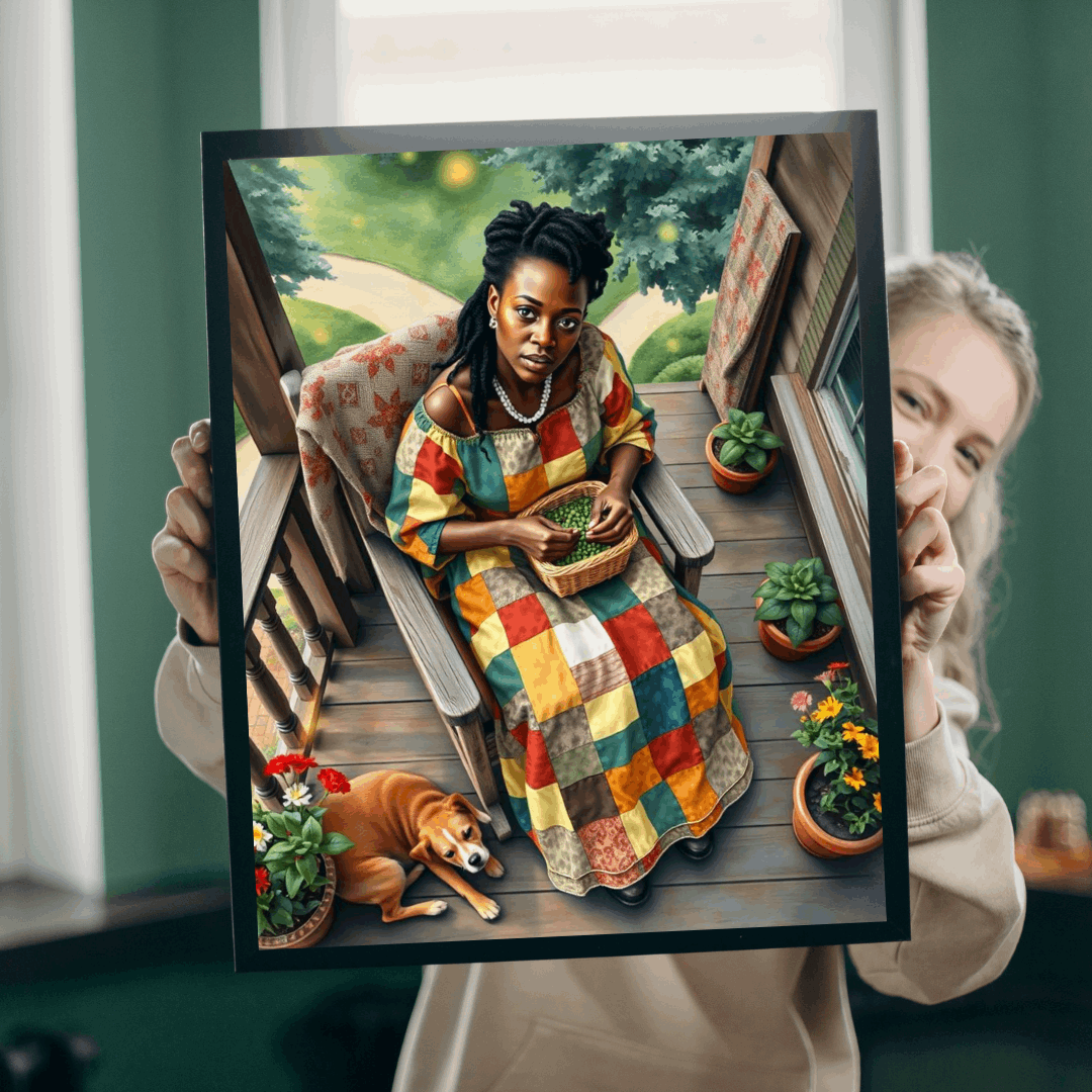 The Homemaker Jigsaw Puzzle – Black Woman Shelling Peas with Dog, Afrocentric Art, African American Artwork Puzzle The Puzzle Chest