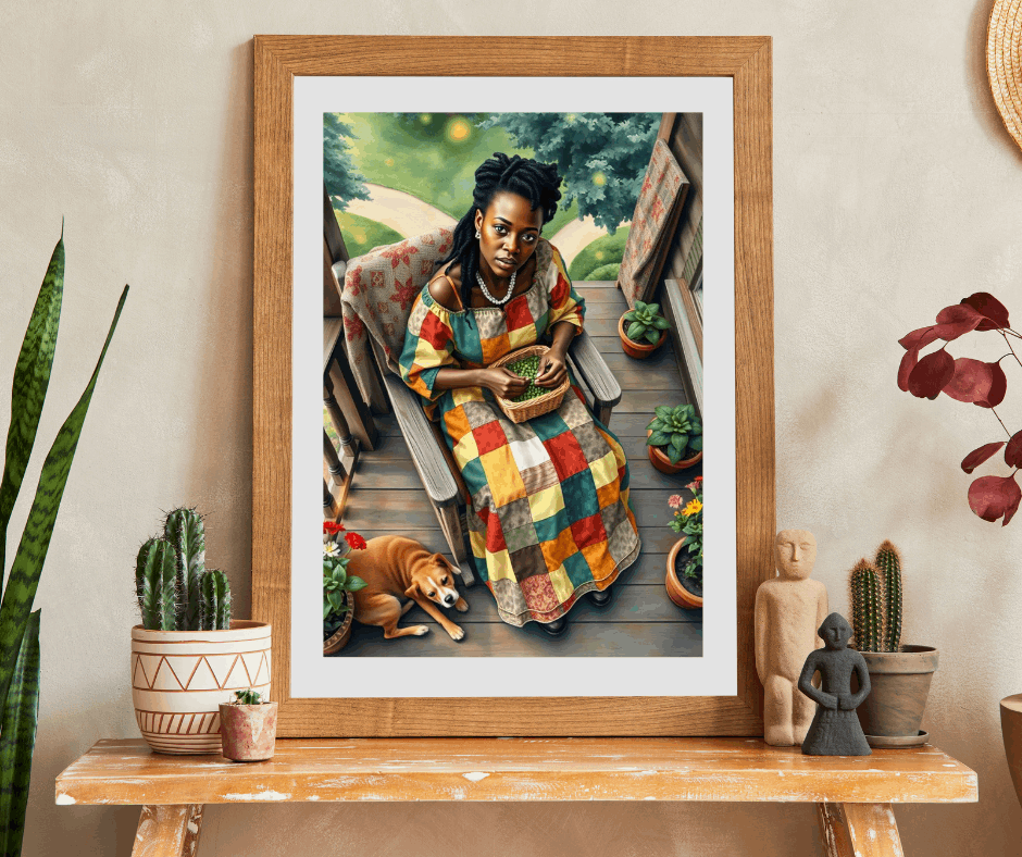 The Homemaker Jigsaw Puzzle – Black Woman Shelling Peas with Dog, Afrocentric Art, African American Artwork Puzzle The Puzzle Chest