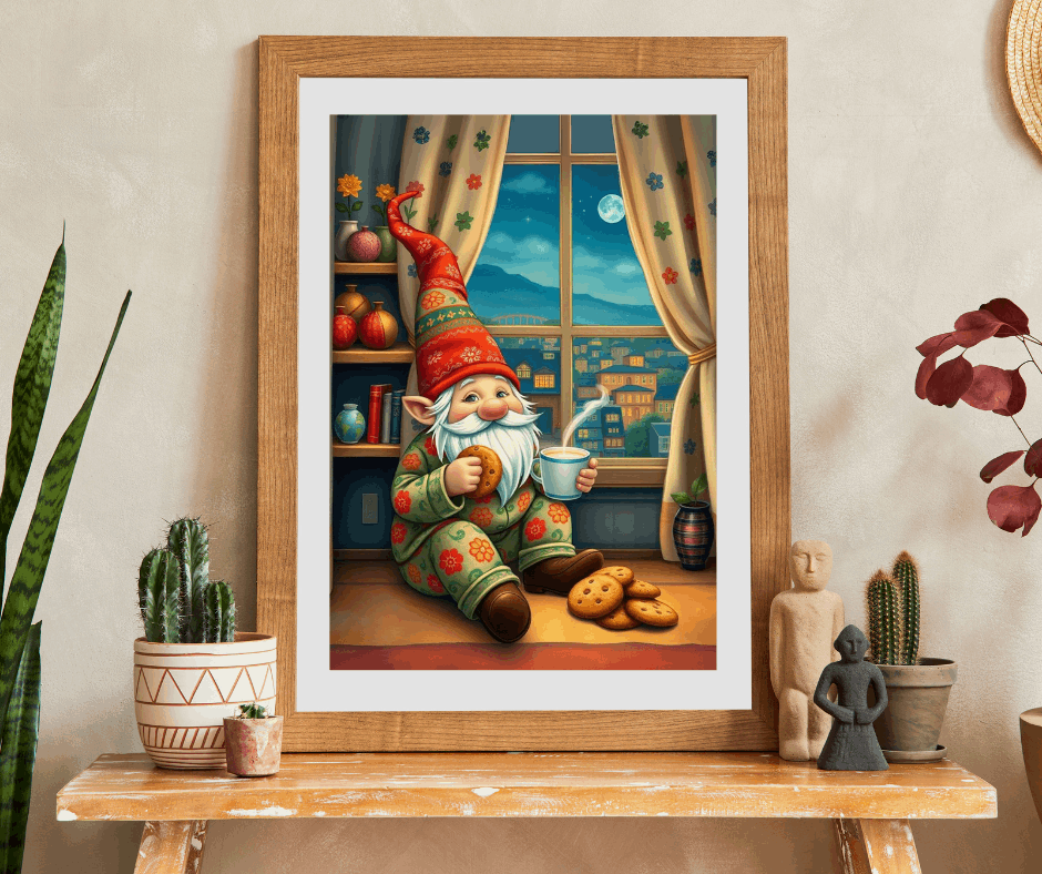 Gnome at Midnight Snack – Milk and Cookies Folk Art Jigsaw Puzzle Puzzle The Puzzle Chest