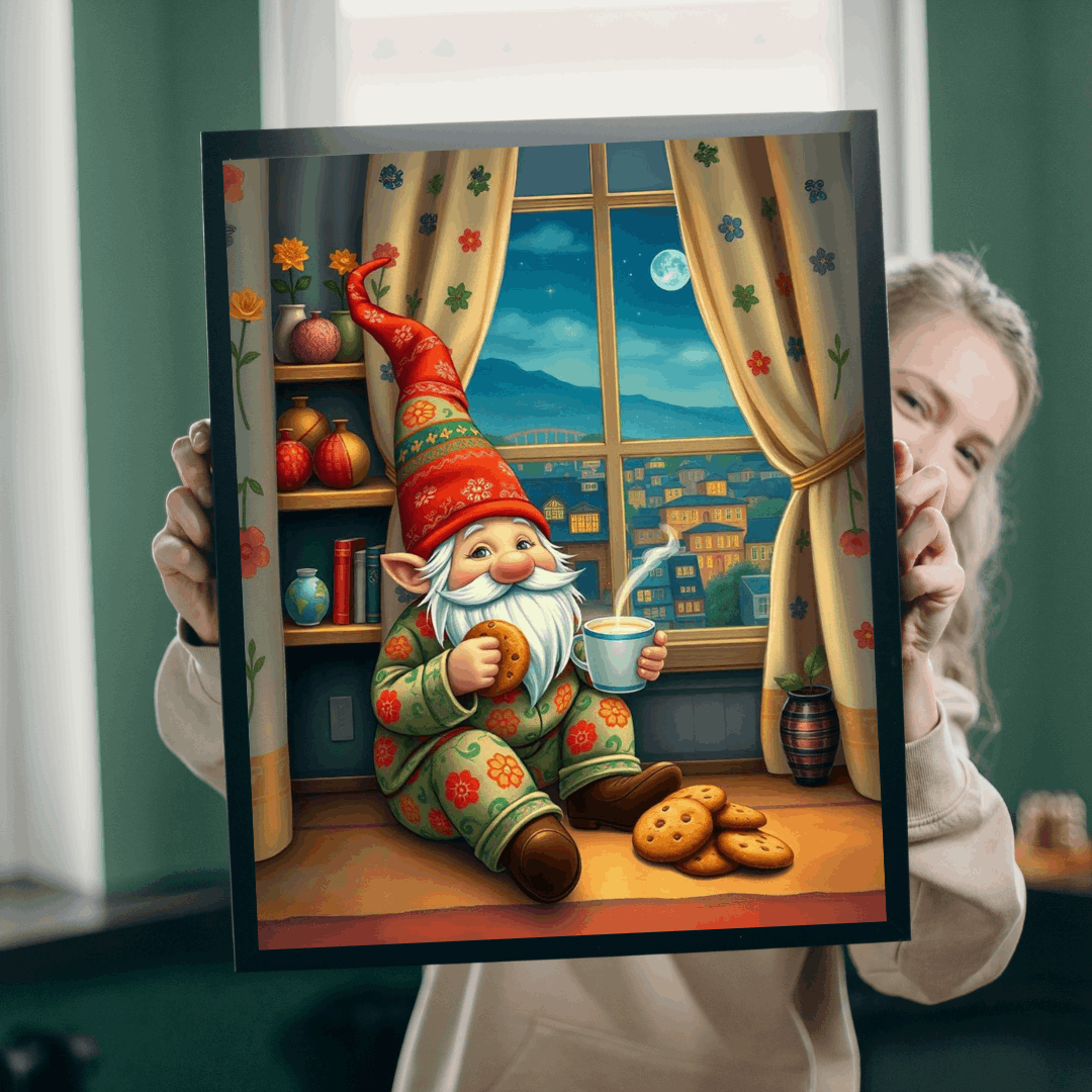 Gnome at Midnight Snack – Milk and Cookies Folk Art Jigsaw Puzzle Puzzle The Puzzle Chest