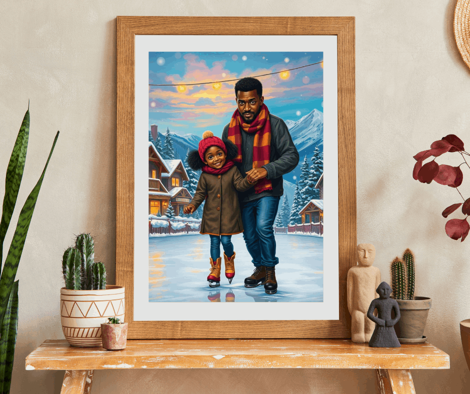 Father and Daughter Ice-skating Trip Jigsaw Puzzle, Afrocentric Artwork, Black Man Art Puzzle The Puzzle Chest