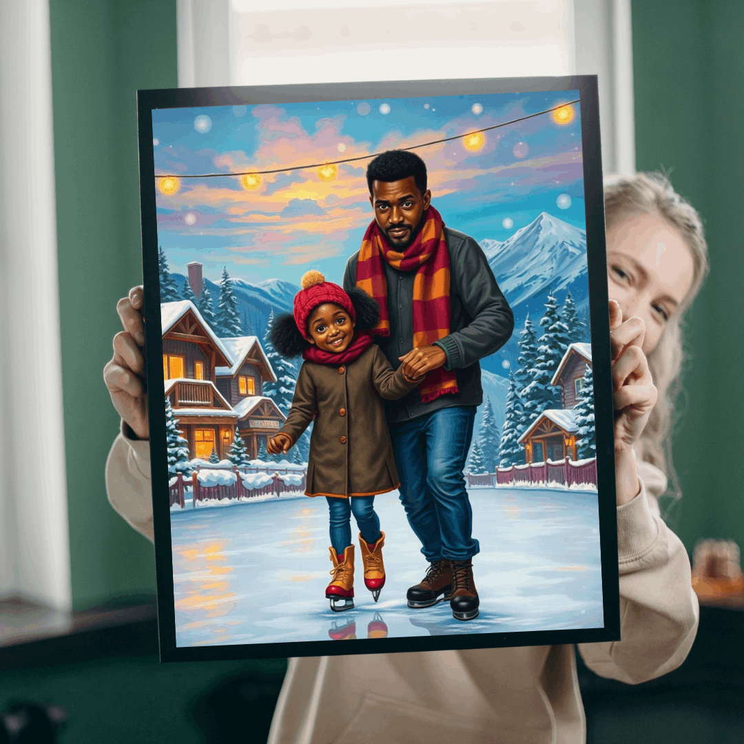 Father and Daughter Ice-skating Trip Jigsaw Puzzle, Afrocentric Artwork, Black Man Art Puzzle The Puzzle Chest
