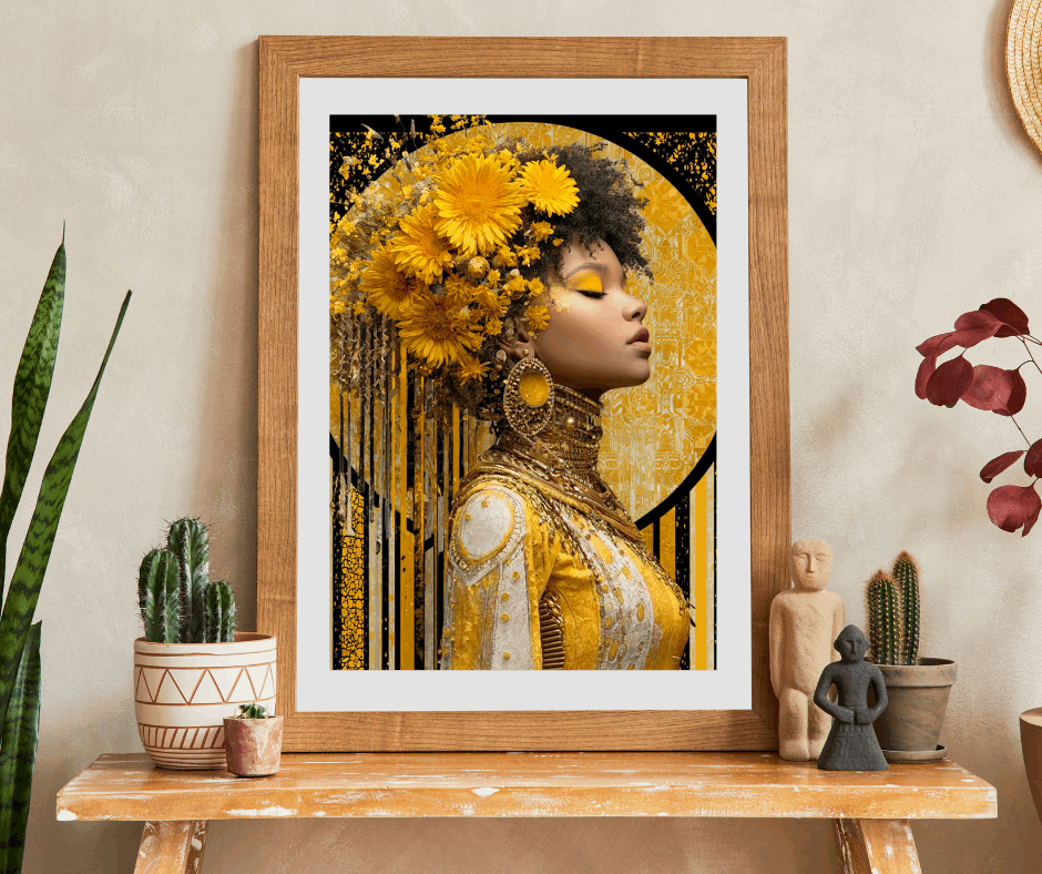 Elegant Afrocentric Jigsaw Puzzle - Melanin African American Queen in Gold Jewelry and Flower Crown Puzzle The Puzzle Chest