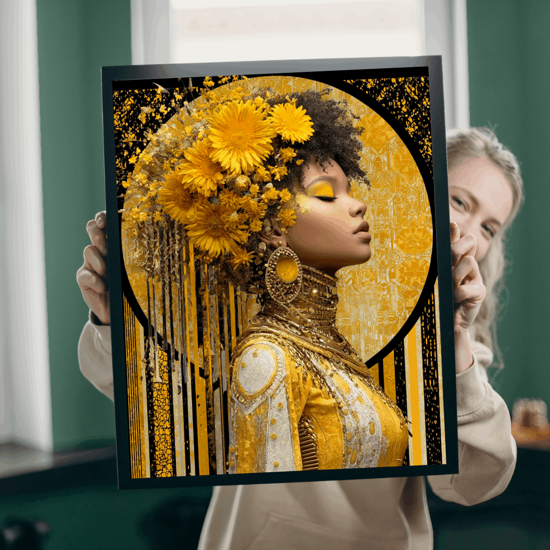 Elegant Afrocentric Jigsaw Puzzle - Melanin African American Queen in Gold Jewelry and Flower Crown Puzzle The Puzzle Chest