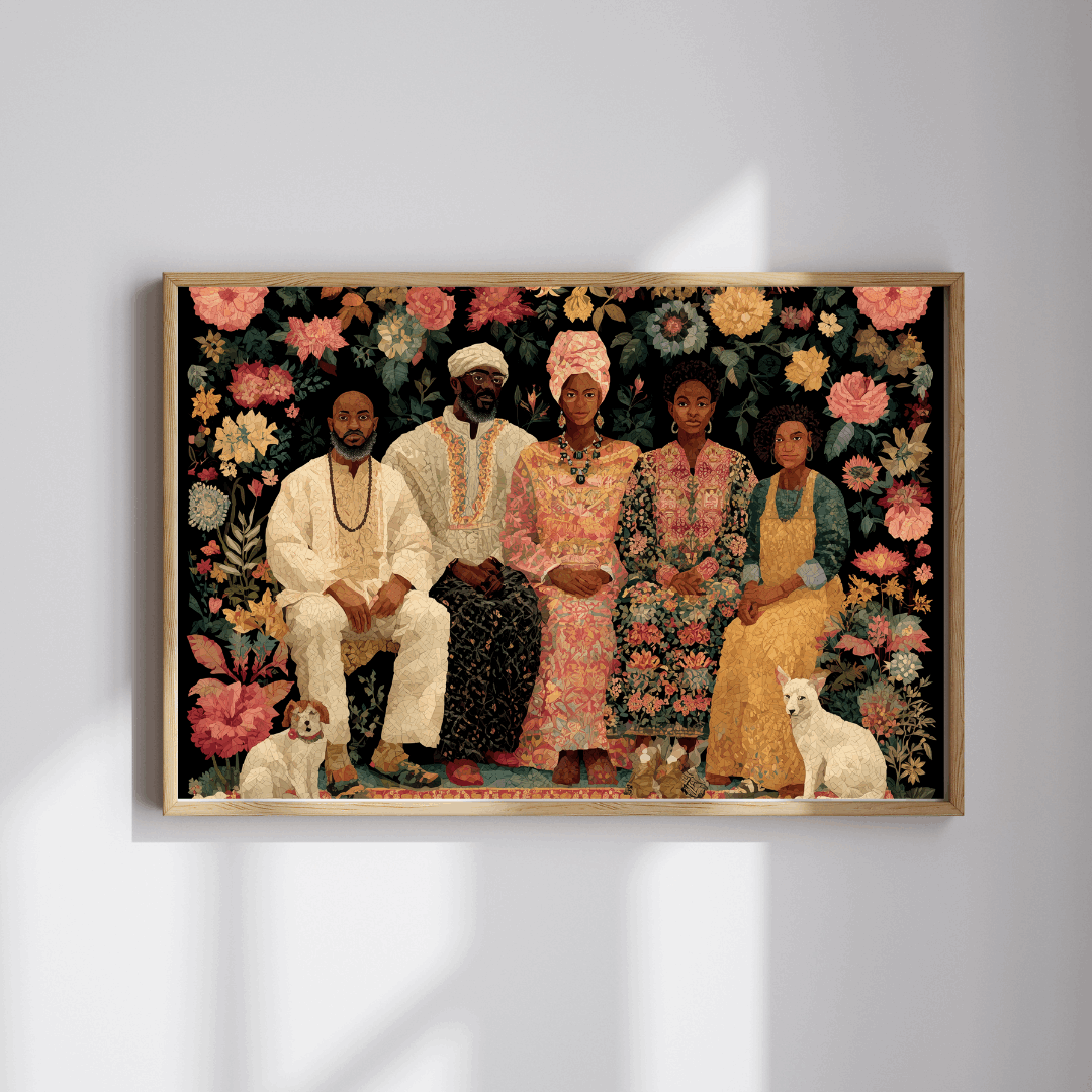 Black Art Jigsaw Puzzle - Afrocentric Family Portrait in Story-Quilt Style with Bold Patterned Fabrics Puzzle The Puzzle Chest