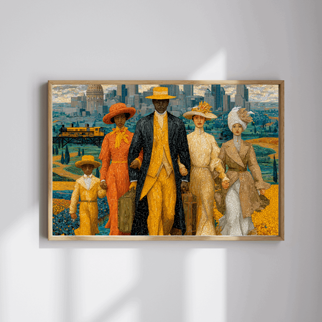 Afrocentric Jigsaw Puzzle - African American Migration Scene with Families, Fields & Urban Background Puzzle The Puzzle Chest