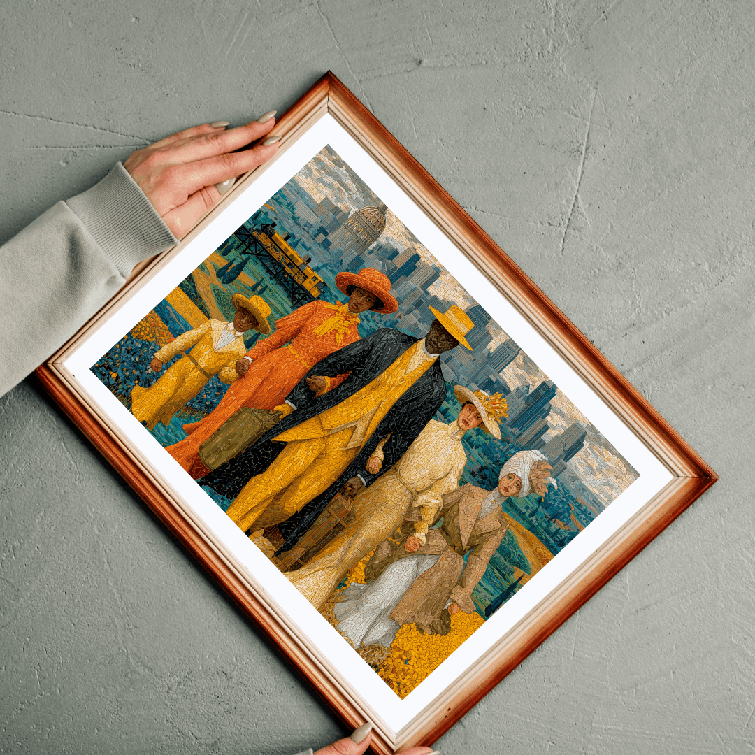 Afrocentric Jigsaw Puzzle - African American Migration Scene with Families, Fields & Urban Background Puzzle The Puzzle Chest