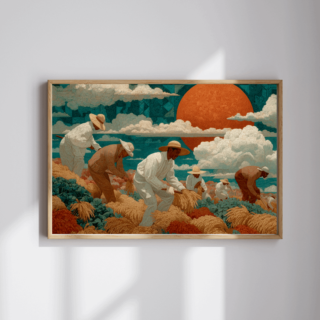 Afrocentric Black Art Jigsaw Puzzle - Sharecroppers in Golden Fields with Quilt-Pattern Sky Puzzle The Puzzle Chest