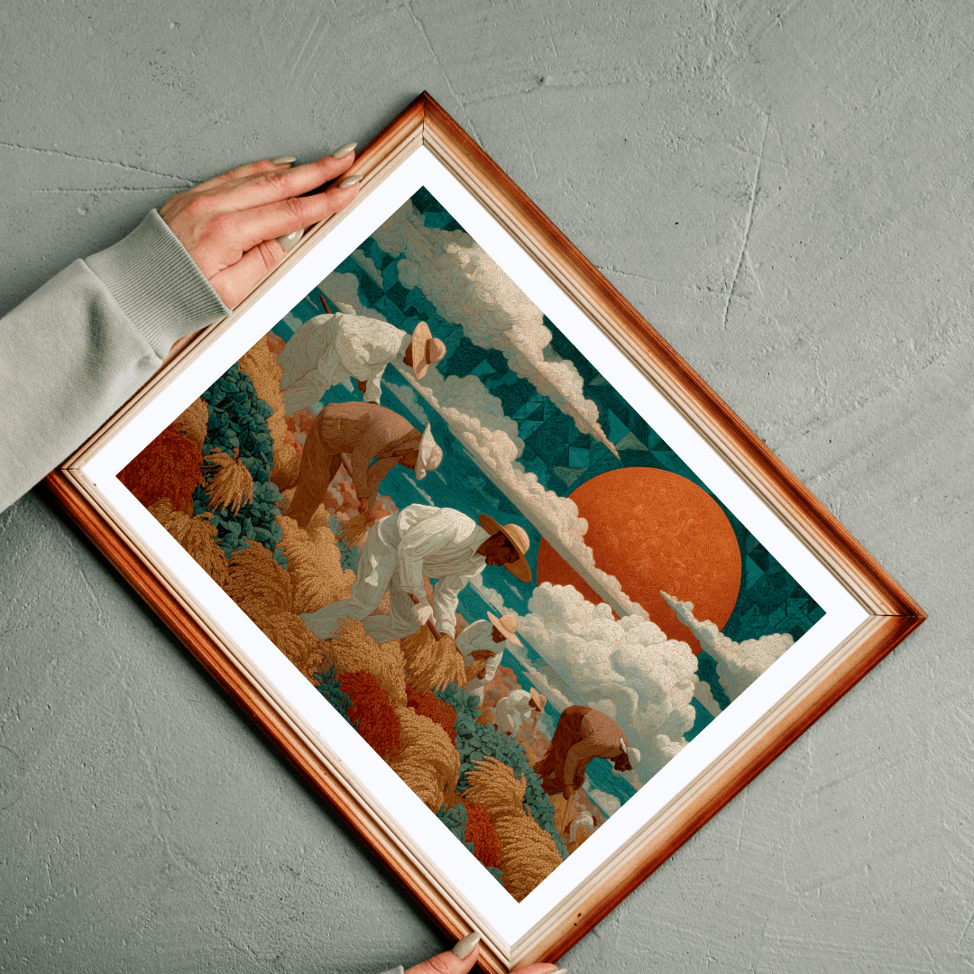 Afrocentric Black Art Jigsaw Puzzle - Sharecroppers in Golden Fields with Quilt-Pattern Sky Puzzle The Puzzle Chest