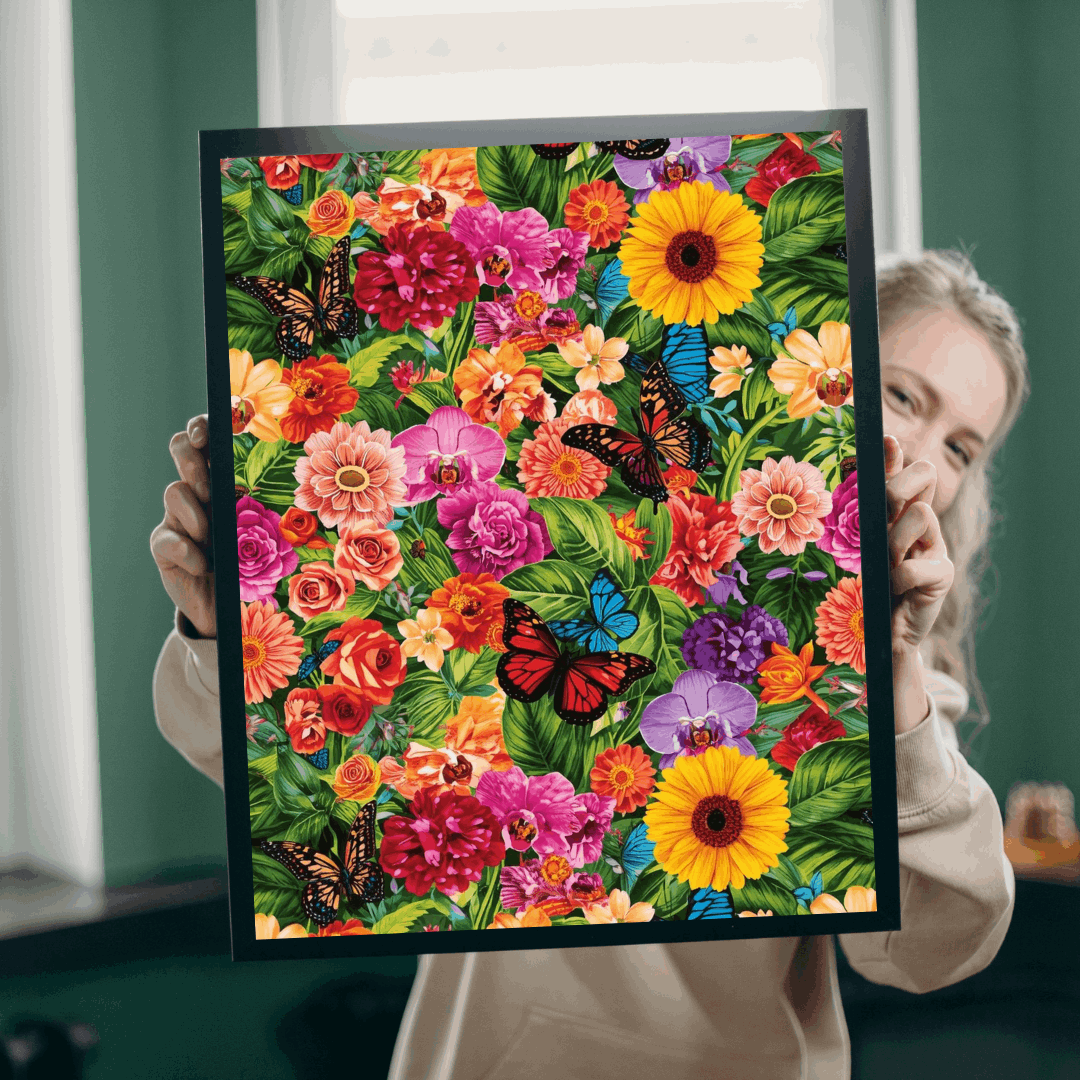 Garden Collage Jigsaw Puzzle – Overlapping Flowers, Butterflies, and Green Leaves in a Vibrant Nature Puzzle Puzzle The Puzzle Chest