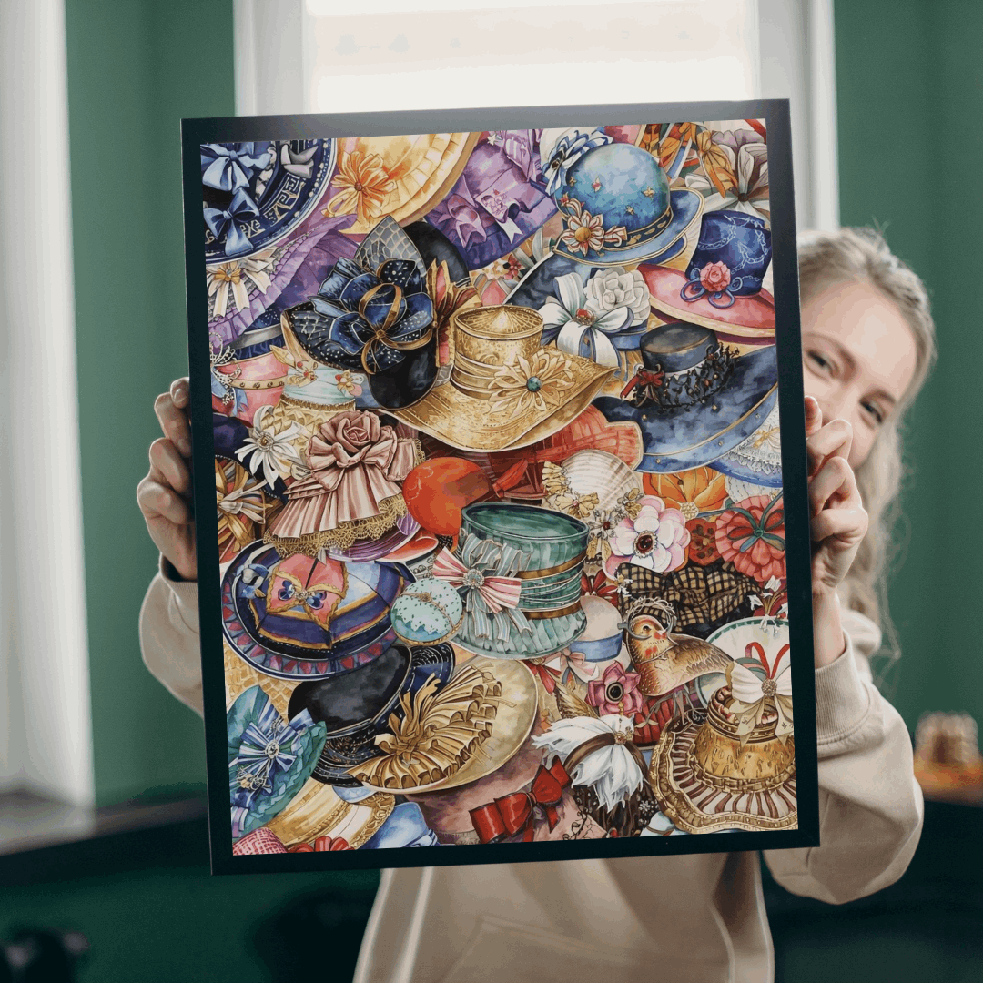 Church Hat Collage Jigsaw Puzzle – Overlapping Vintage Hats with Flowers, Ribbons, and Retro Style Puzzle The Puzzle Chest