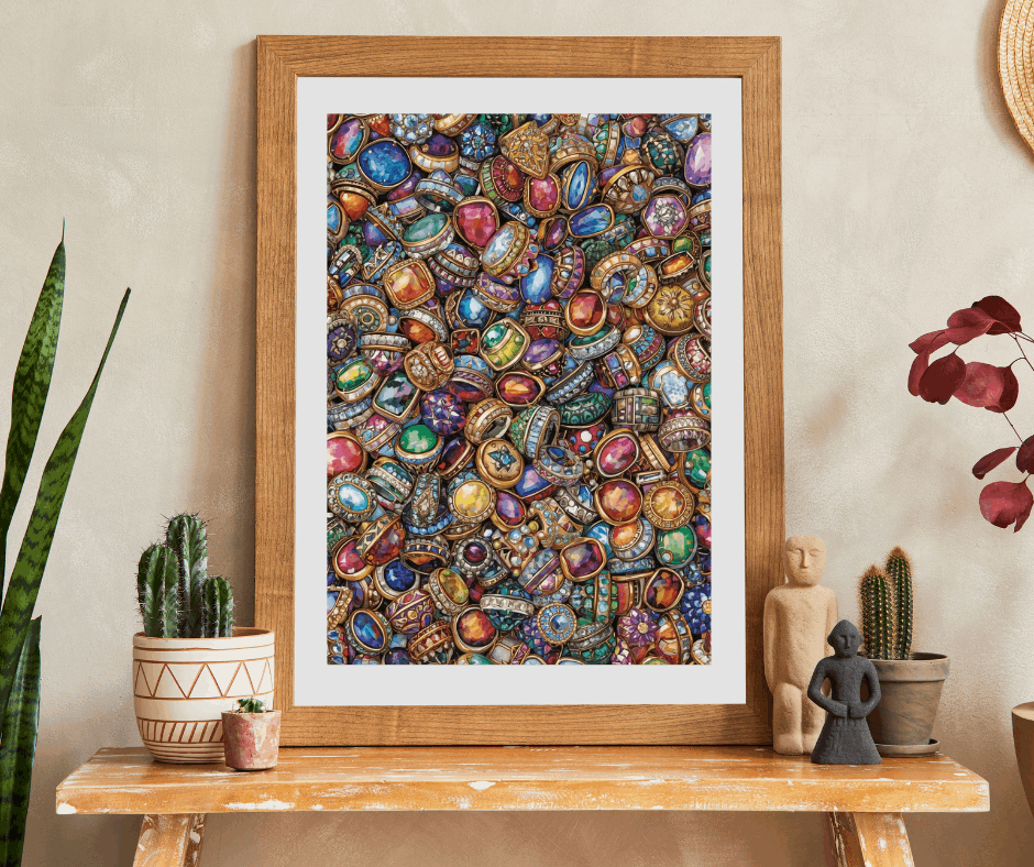 Sparkling Rings Collage Jigsaw Puzzle – Overlapping Gemstone Jewelry Puzzle The Puzzle Chest