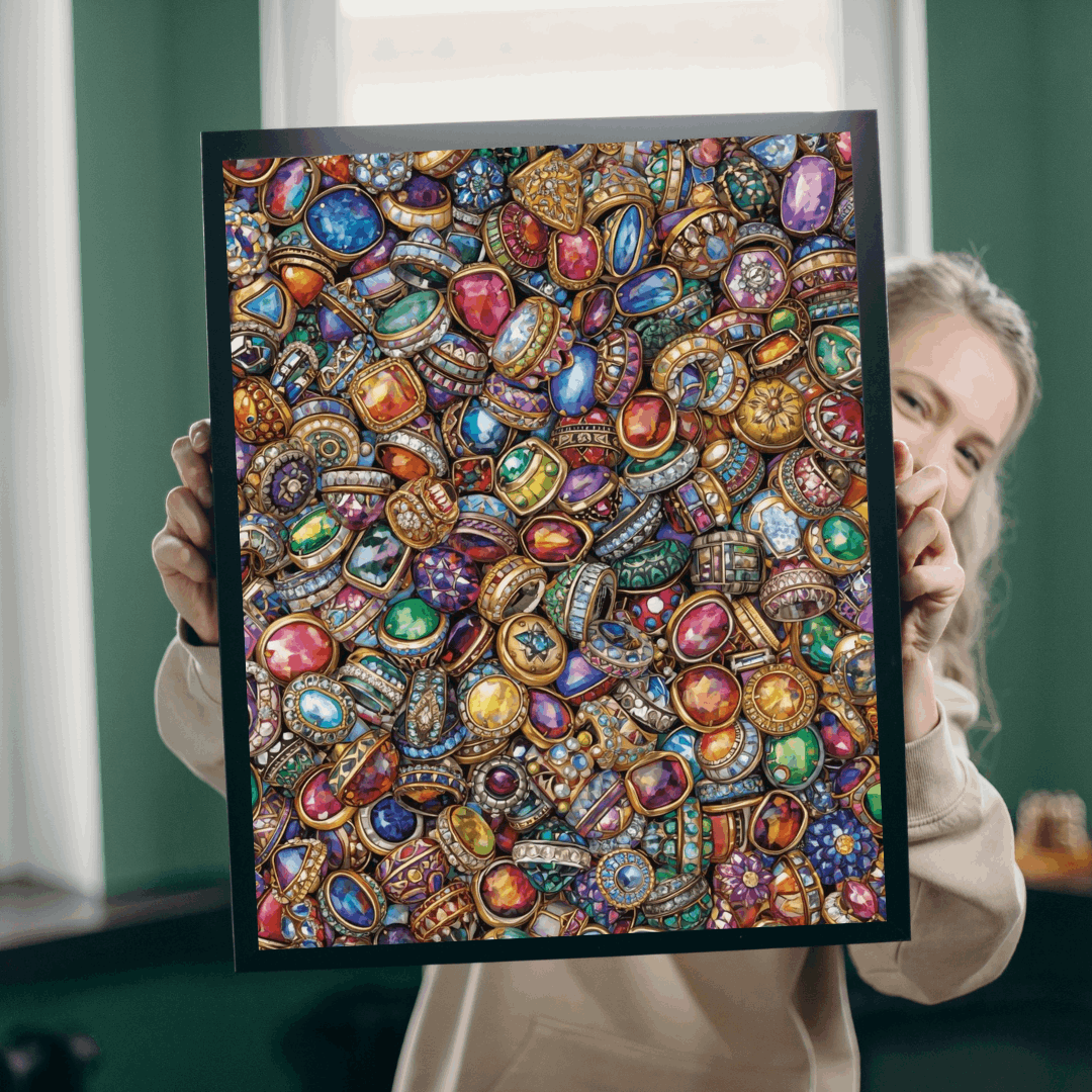 Sparkling Rings Collage Jigsaw Puzzle – Overlapping Gemstone Jewelry Puzzle The Puzzle Chest