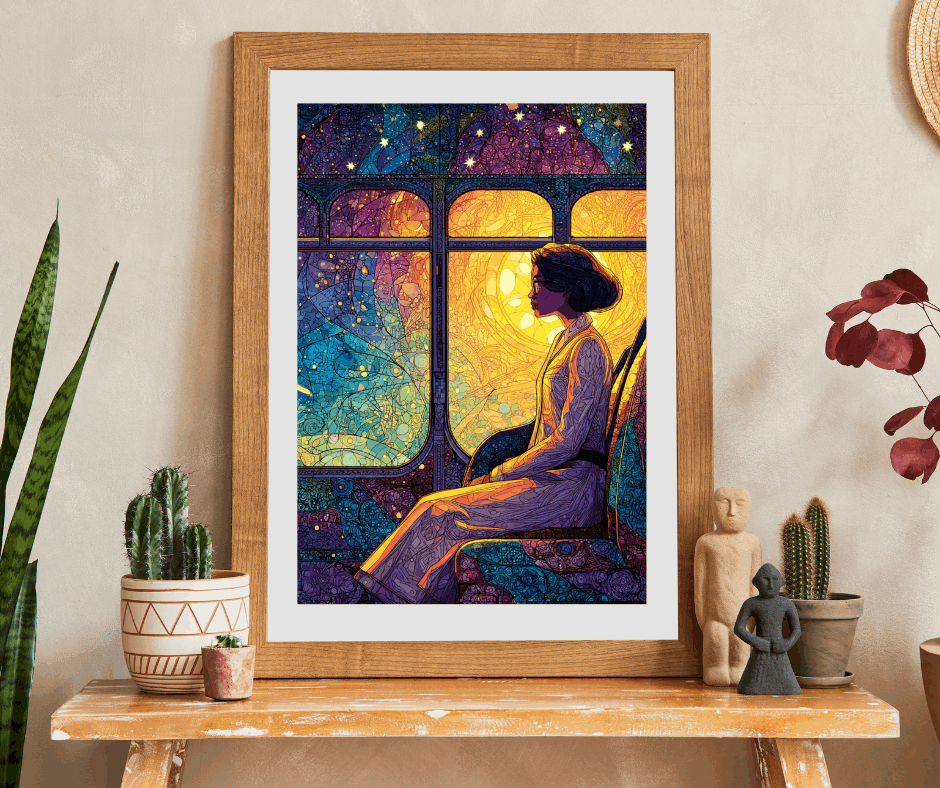 Afrocentric Rosa Parks Puzzle – Black History Figure Jigsaw, Stained Glass Illustration, Civil Rights Hero Artwork, Golden Glow Bus Scene, Abstract Star Patterns Puzzle The Puzzle Chest