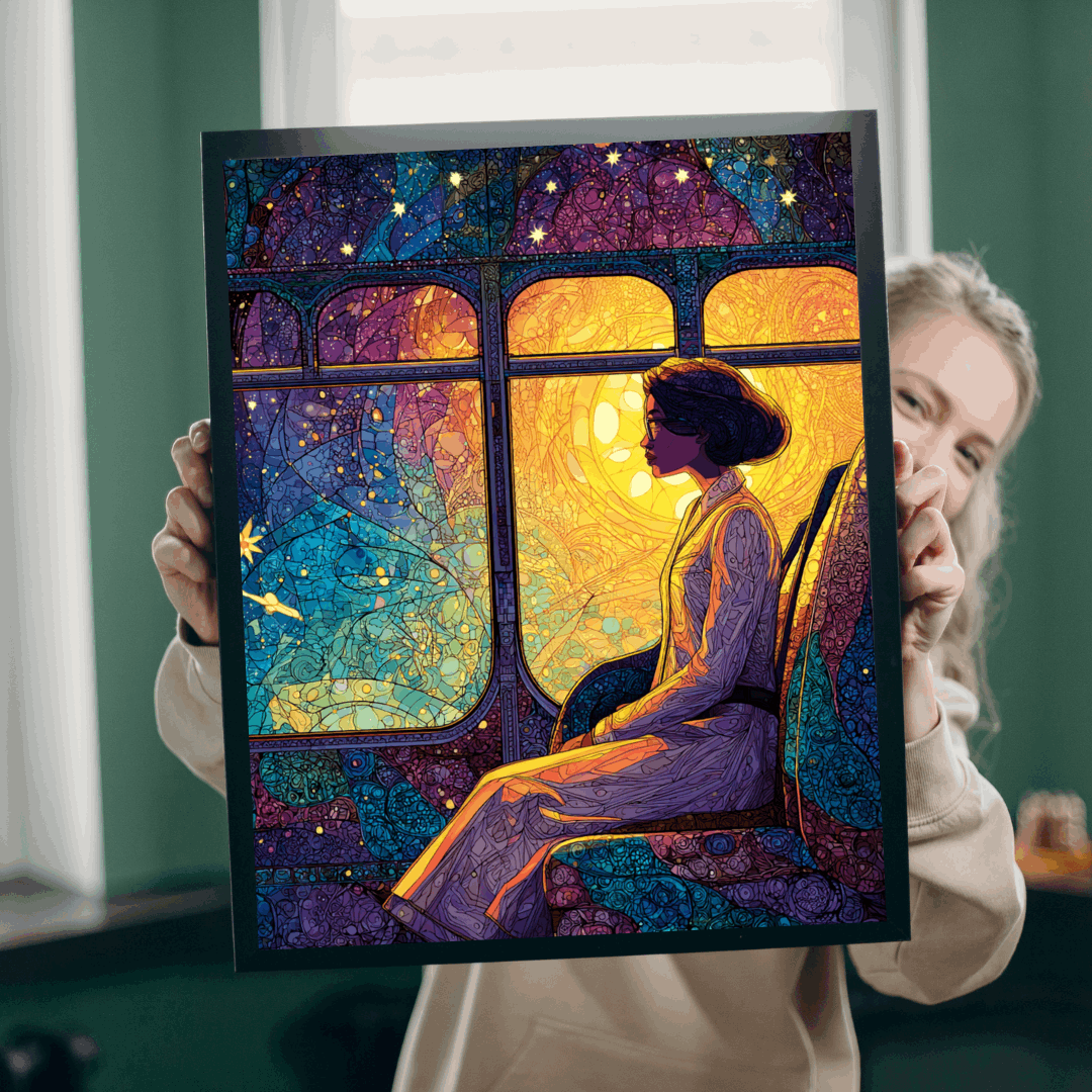 Afrocentric Rosa Parks Puzzle – Black History Figure Jigsaw, Stained Glass Illustration, Civil Rights Hero Artwork, Golden Glow Bus Scene, Abstract Star Patterns Puzzle The Puzzle Chest