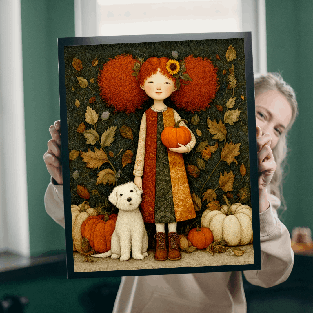 Pumpkin Patch Storybook Fairy-Tale Puzzle – Red-Haired Girl and White Terrier in a Whimsical Autumn Scene Puzzle The Puzzle Chest