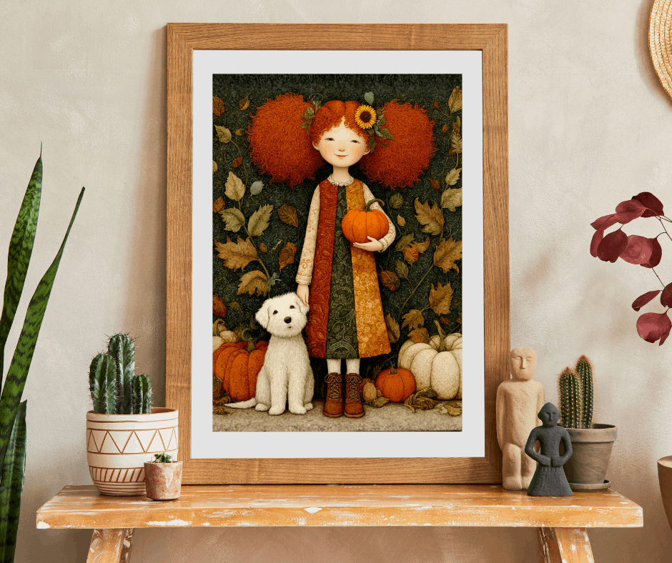 Pumpkin Patch Storybook Fairy-Tale Puzzle – Red-Haired Girl and White Terrier in a Whimsical Autumn Scene Puzzle The Puzzle Chest