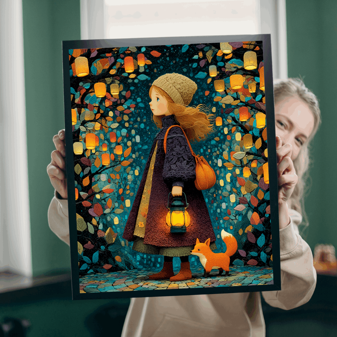 Lantern Path Jigsaw Puzzle – Whimsical Fall Puzzle for Adults, Girl with Fox and Pumpkin Lanterns Puzzle The Puzzle Chest