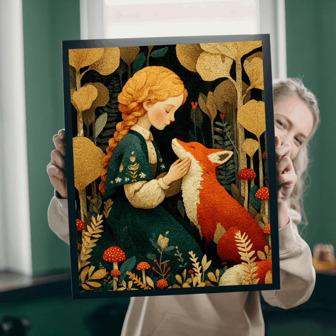 Woodland Clearing Jigsaw Puzzle – Red Fox, Girl in Green Dress, Autumn Forest Scene Puzzle The Puzzle Chest