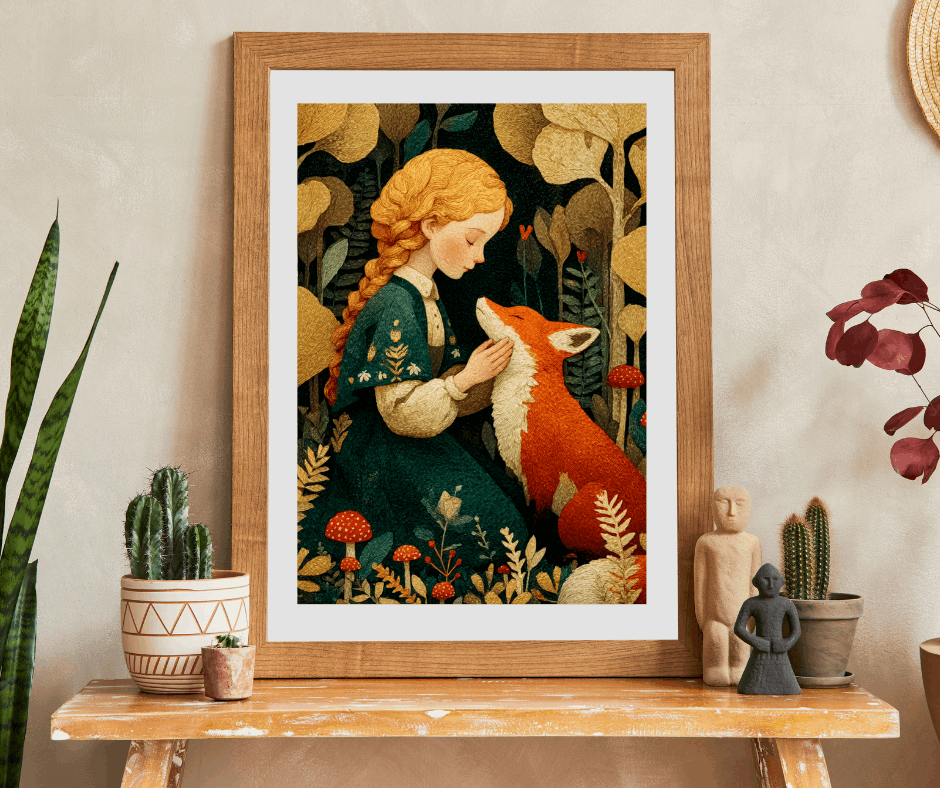 Woodland Clearing Jigsaw Puzzle – Red Fox, Girl in Green Dress, Autumn Forest Scene Puzzle The Puzzle Chest