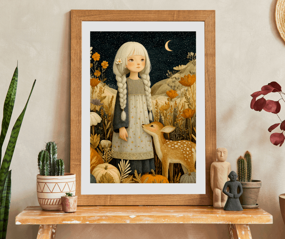 Starlit Meadow Jigsaw Puzzle – Whimsical Autumn Puzzle for Adults, Girl with Fawn Under Starry Sky Puzzle The Puzzle Chest