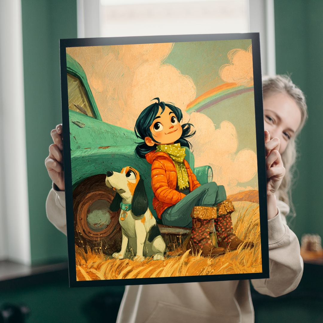 Cheerful Country Girl Jigsaw Puzzle – Whimsical Cartoon Truck, Dog and Rainbow Countryside Scene Puzzle The Puzzle Chest