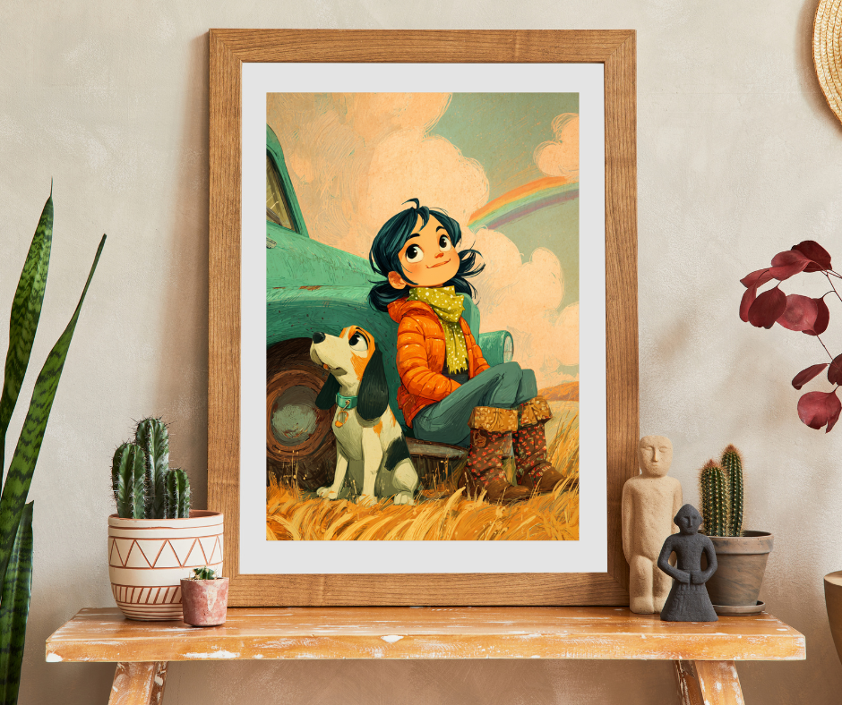 Cheerful Country Girl Jigsaw Puzzle – Whimsical Cartoon Truck, Dog and Rainbow Countryside Scene Puzzle The Puzzle Chest