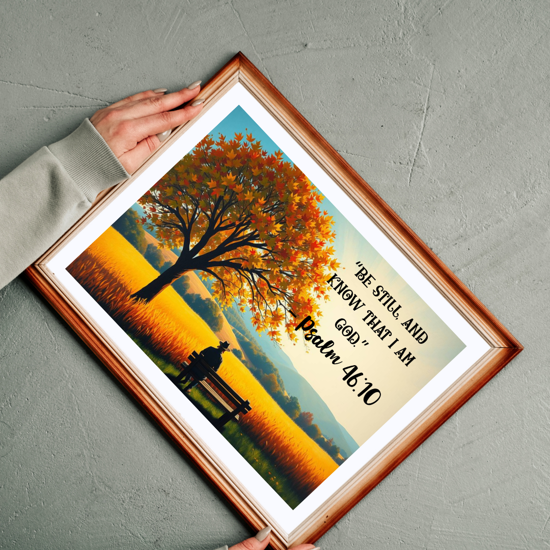 Faith and Stillness Jigsaw Puzzle – Serene Fall Landscape with Wheat Field and Bench, Bible Verse Psalm 46:10, Inspirational Gift for Friends Puzzle The Puzzle Chest