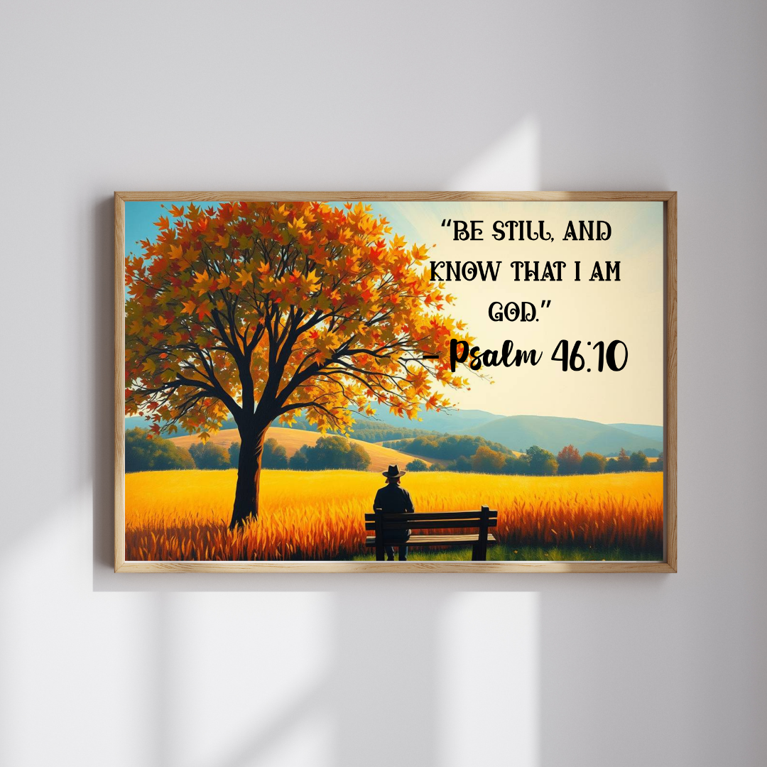Faith and Stillness Jigsaw Puzzle – Serene Fall Landscape with Wheat Field and Bench, Bible Verse Psalm 46:10, Inspirational Gift for Friends Puzzle The Puzzle Chest