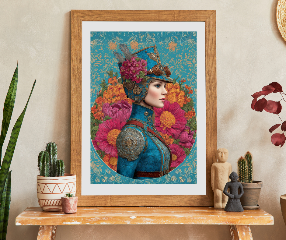 Colorful Female Portrait with Floral and Gear Elements - Unique Steampunk Art Jigsaw Puzzle Puzzle The Puzzle Chest