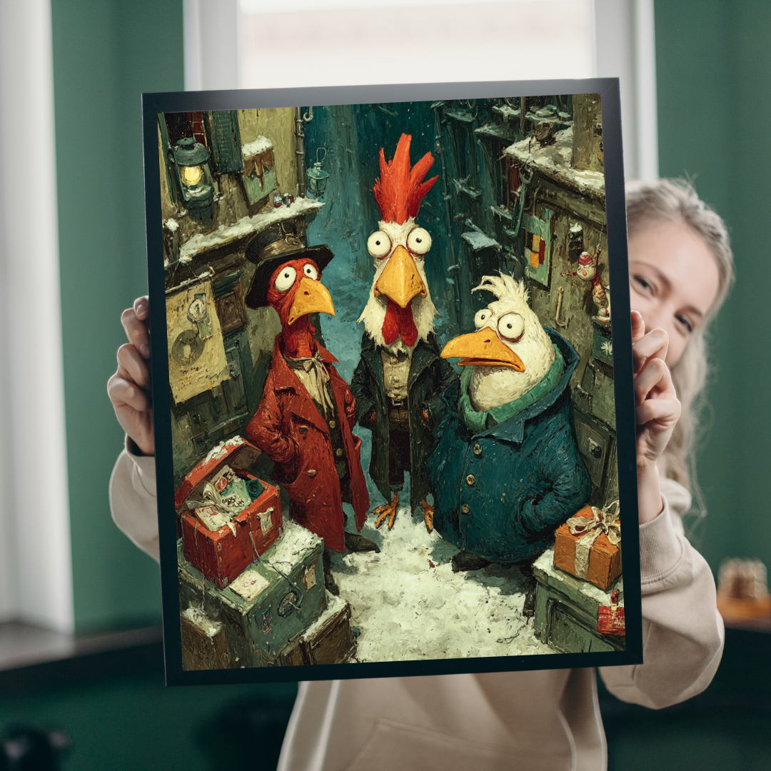 Quirky Gothic Roosters Jigsaw Puzzle - Victorian Chickens, Town Square and Snowy Whimsy Puzzle The Puzzle Chest