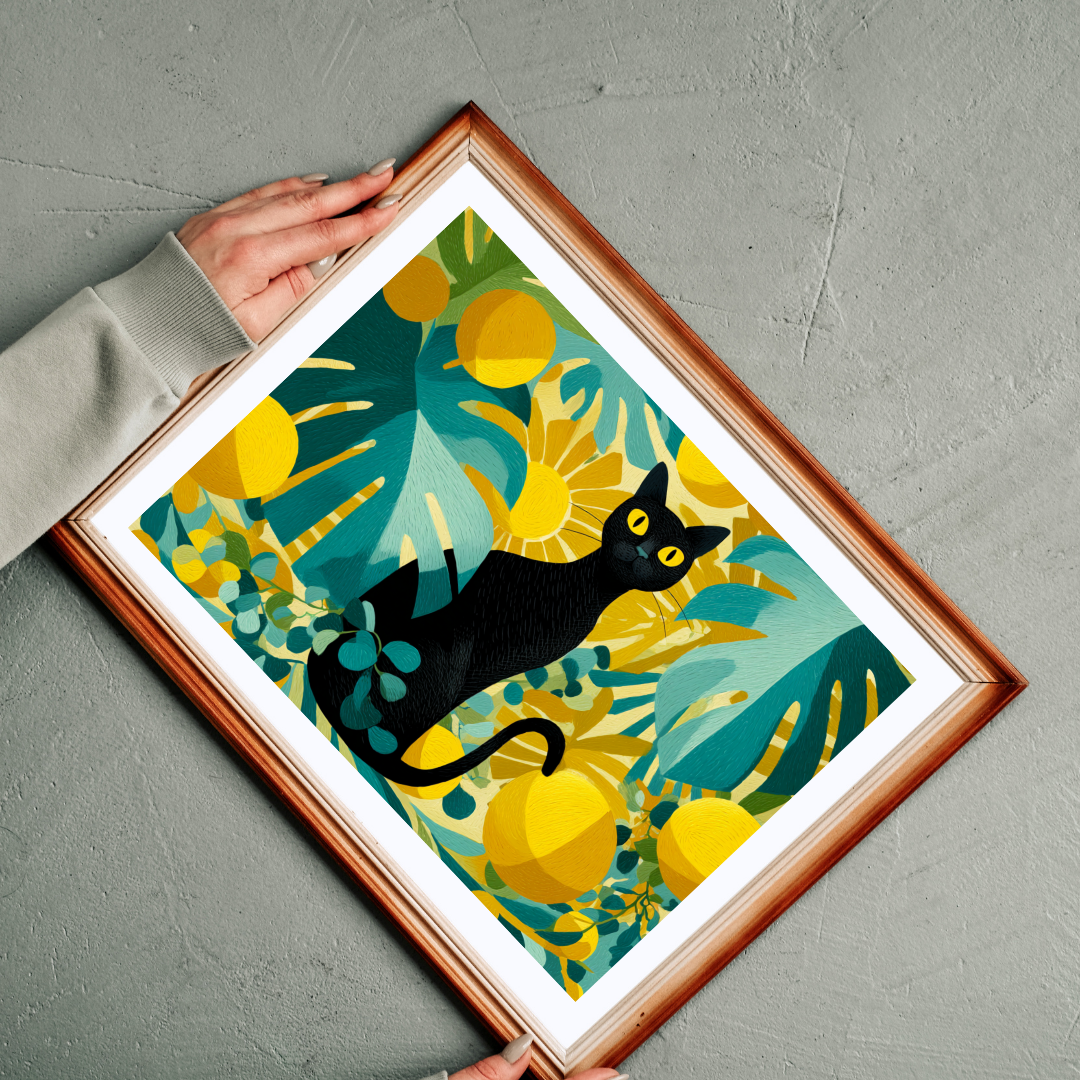 Cat with Tropical Leaves – Vibrant Fauvist Jigsaw Puzzle, Animal Theme Jungle Mystical Black Cat Art Puzzle Puzzle The Puzzle Chest