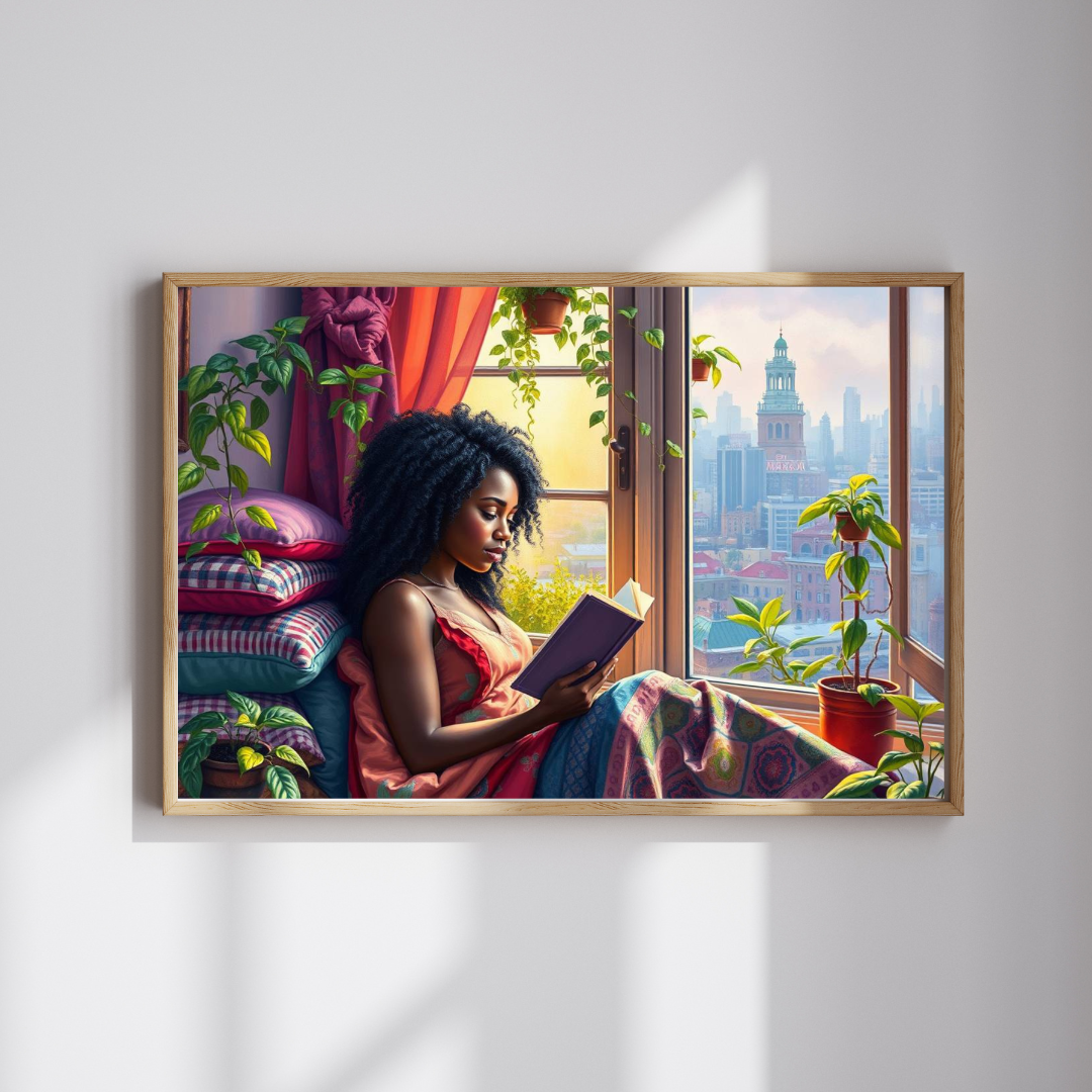 Black Woman Reading by Window Puzzle | Cozy Booklover Jigsaw Puzzle, City View