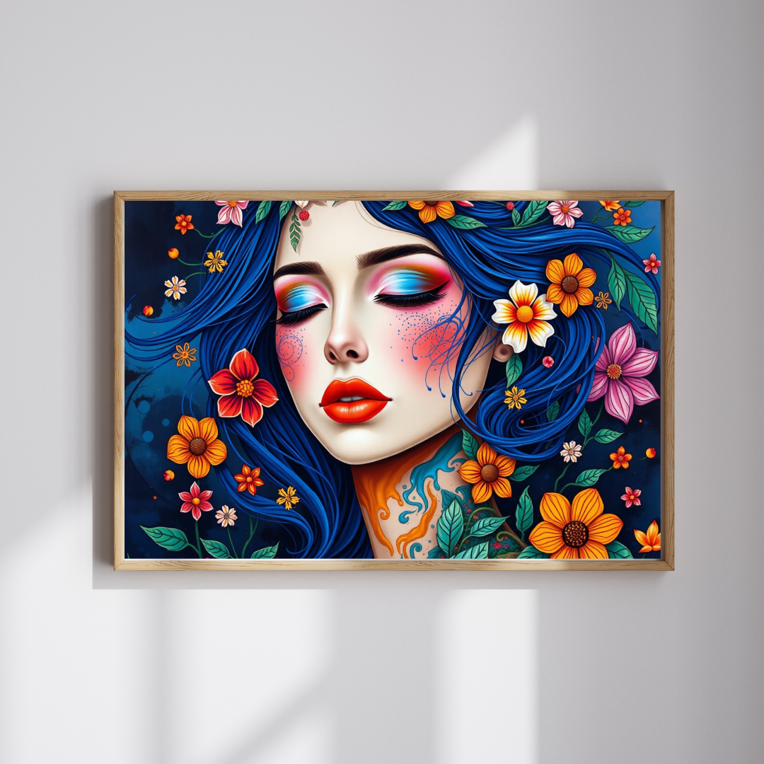 Floral Blue-Haired Woman Puzzle | Vibrant Portrait Jigsaw