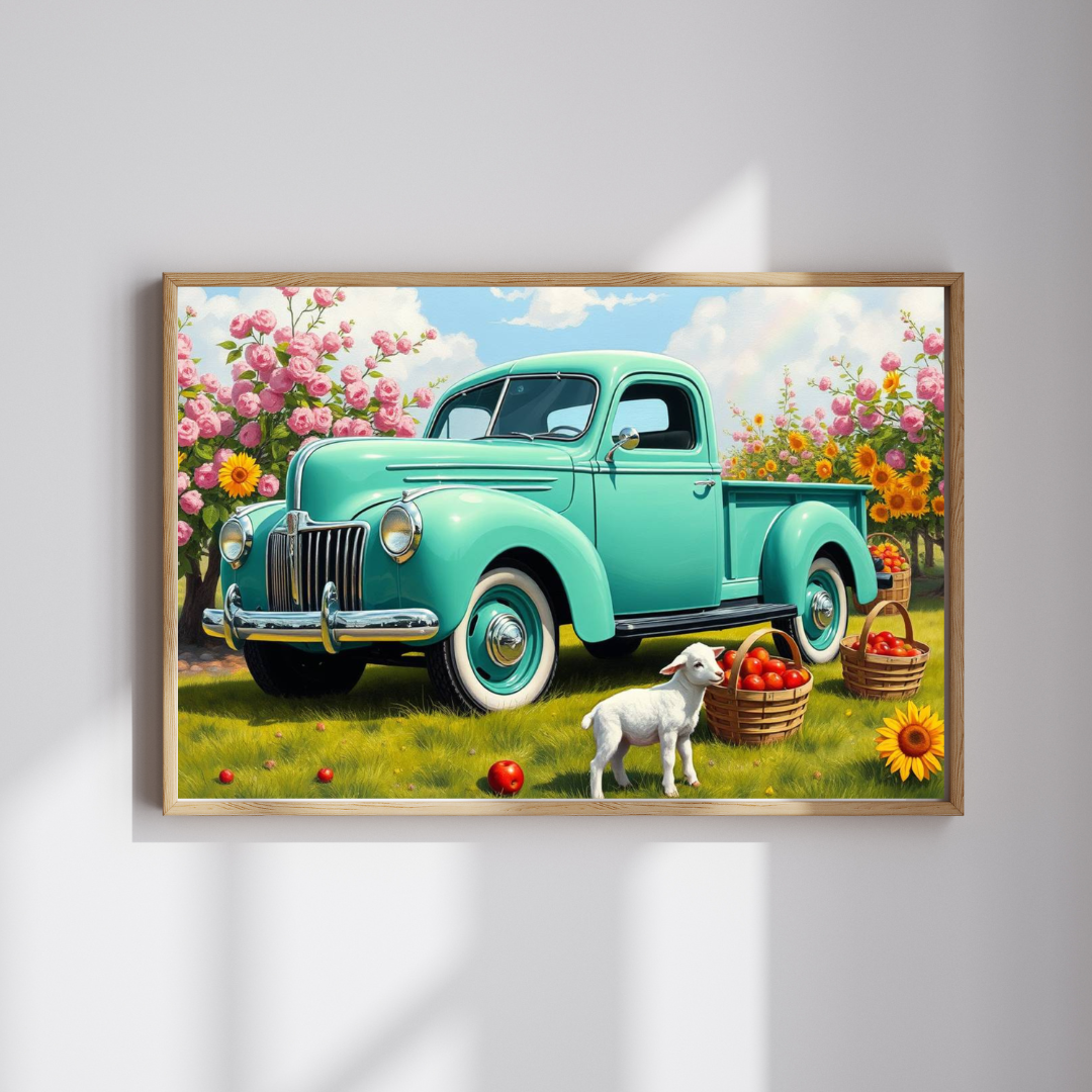 Vintage Teal Pickup Truck Puzzle — Spring Lamb & Flower Farm Jigsaw (110–1014 pcs) Puzzle The Puzzle Chest