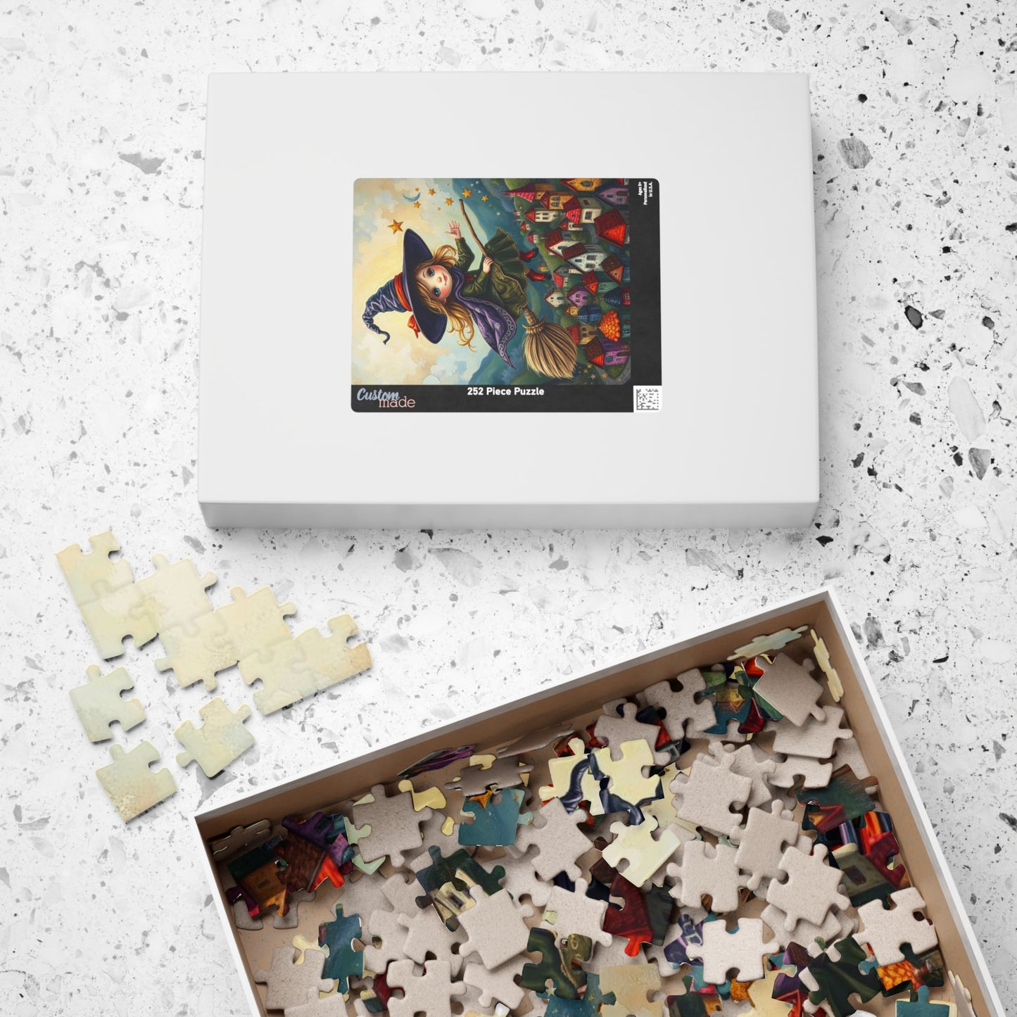 Friendly Flying Folklore - Whimsical Halloween Witch Jigsaw Puzzle, Folk Art Gift for Adult Puzzle Lover Family Game Night Indoor Activity