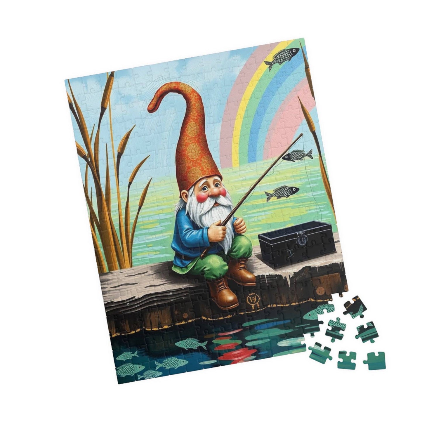 Gnome Fishing on Dock – Watercolor Dwarf Storybook Lakeside Jigsaw Puzzle 252 pcs (Vertical) Puzzle The Puzzle Chest
