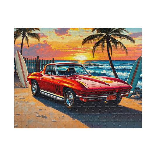 Vintage Muscle Car Puzzle - 1963 Stingray, Classic Car and Ocean Beach Sunset Scene Jigsaw Game 252 pcs (Horizontal) Puzzle The Puzzle Chest