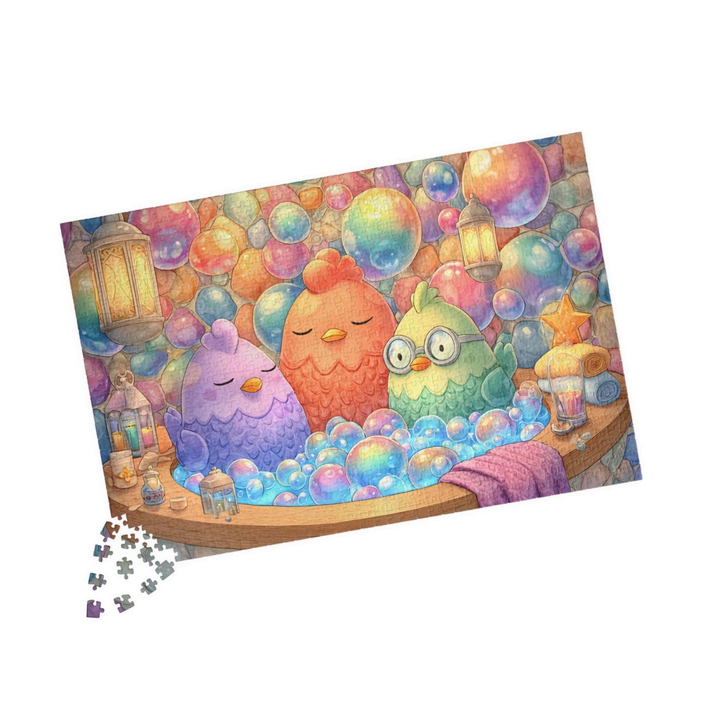 Pastel Bubble Chicken Puzzle – Whimsical Chickens in Rainbow Bubble Bath, Fairy-Tale Farm Animal Jigsaw Puzzle 1014 pcs (Horizontal) Puzzle The Puzzle Chest