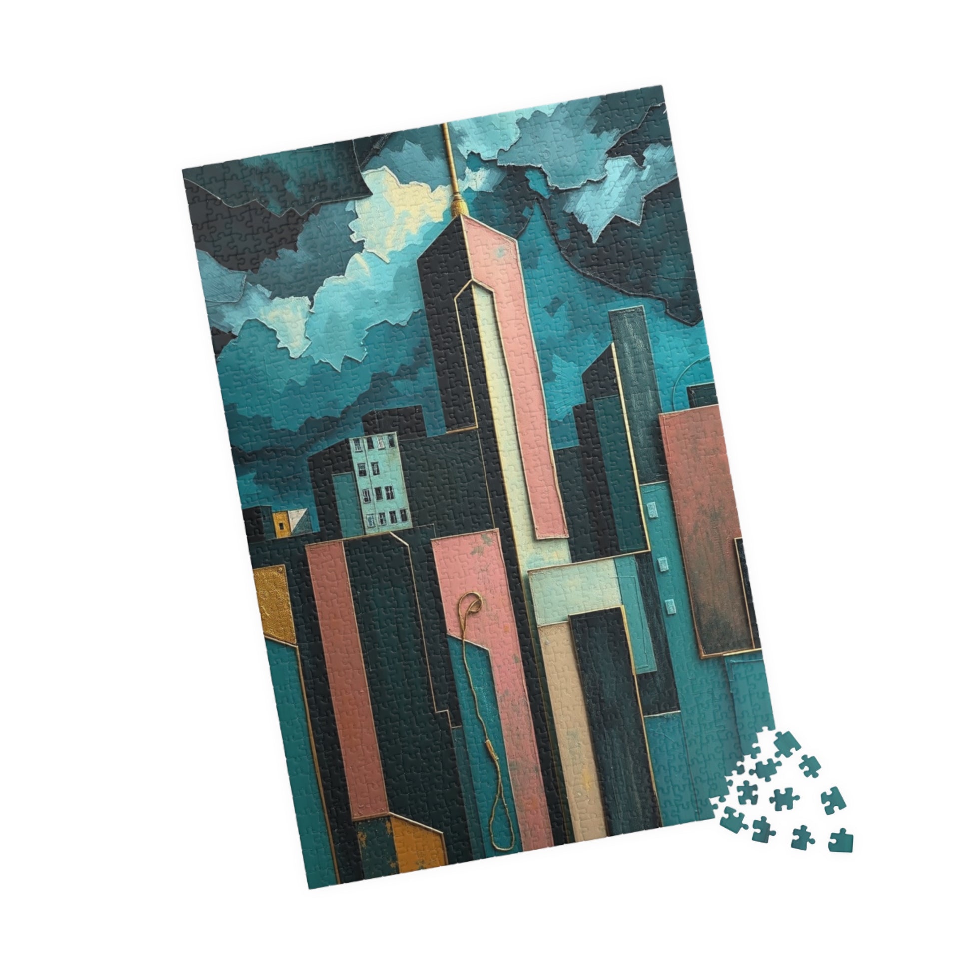 Abstract Cityscape Jigsaw Puzzle - Metallic Pastel Teal Geometric Shapes Puzzle The Puzzle Chest