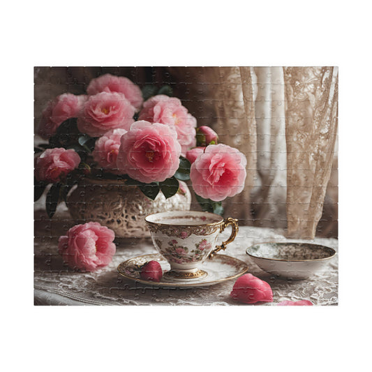 Jigsaw Puzzle, Teatime Vintage Image with Teacup and Carnations, Adult Tabletop Game, Brain Teaser, Creative Pastime, Gift for Puzzle Lover 252 pcs (Horizontal) Puzzle The Puzzle Chest